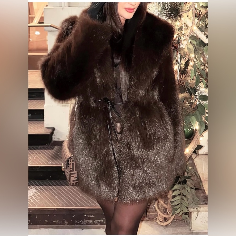 PEHMEA Women's Mid-Length Faux Fur Coats Winter Warm Fuzzy Jackets Lapel Fluffy